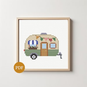 Vintage husbilsbroderi, korsstygnsmönster, retro husvagnsbroderi, campingälskarepresent