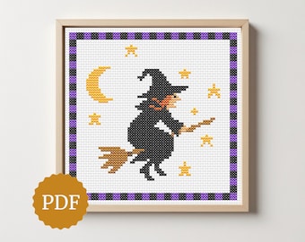 Flying Witch Cross Stitch Pattern, Halloween Witch on Broom with Moon & Stars, Spooky Cute Embroidery for Hoop Art Wall Decor, Witchy Gift