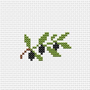 Op de afbeelding: Kruissteekpatroon van een olijftak met groene bladeren en zwarte olijven op een witte achtergrond. De tak heeft een bruine stengel en is een eenvoudig, elegant ontwerp.