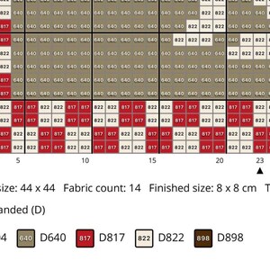 May include: A cross-stitch pattern chart with a grid of colored squares and numbers. The color palette includes shades of brown, red, and white. The finished size is 8 x 8 cm.
