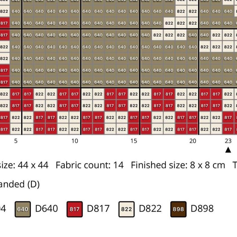 May include: A cross-stitch pattern chart with a grid of colored squares and numbers. The color palette includes shades of brown, red, and white. The finished size is 8 x 8 cm.