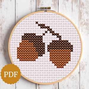 Patrón de bellota en punto de cruz, fácil para principiantes, mini patrón de bordado a mano, tesoros del bosque, decoración rústica de otoño, regalo para la habitación del bebé