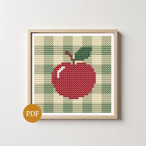 Apple on Gingham Cross Stitch Pattern, Cute Grannycore Fruit Embroidery PDF for Vintage Farmhouse Decor, Rustic Country Kitchen Wall Art