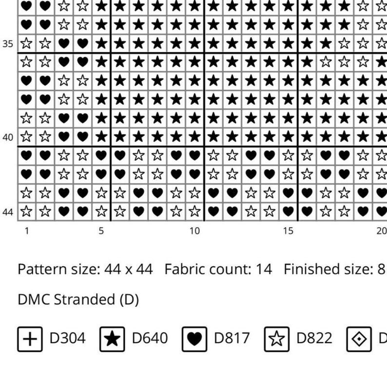 May include: A cross-stitch pattern chart with a grid of black stars, hearts, and open stars. The pattern size is 44 x 44, with a fabric count of 14. Includes DMC color codes D304, D640, D817, and D822.