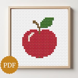 Cross Stitch Red Apple Pattern, Easy Fruit Embroidery PDF, Counted Cross Stitch Chart for Kitchen Decor, Teacher Gift Idea, Small Hoop Art
