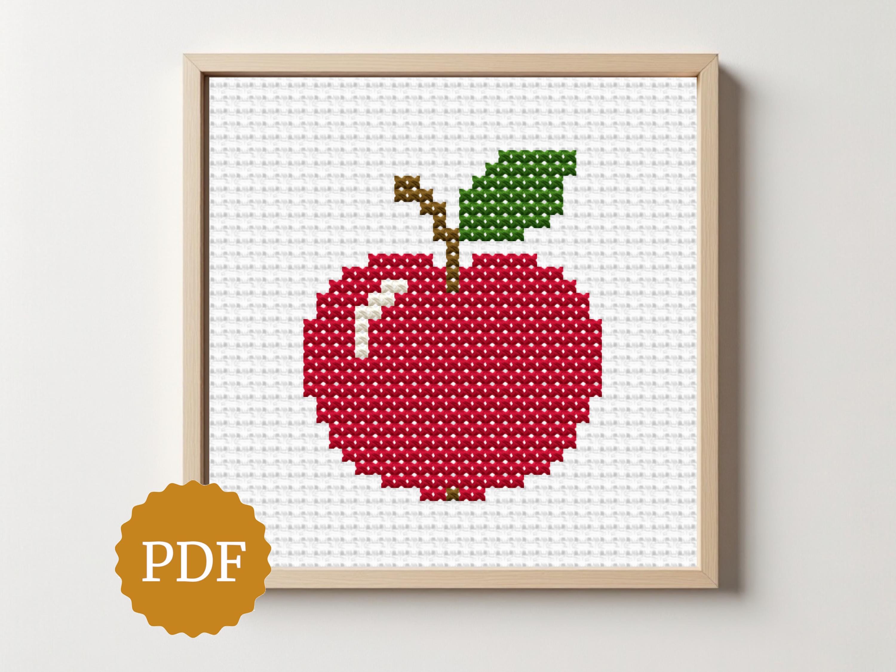 赤いリンゴのクロスステッチパターン、簡単なフルーツ刺繍PDF