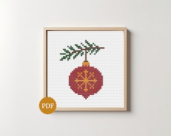 Schema per punto croce di una pallina di Natale – Decorazione da appendere con ramo di pino, ricamo festivo in PDF