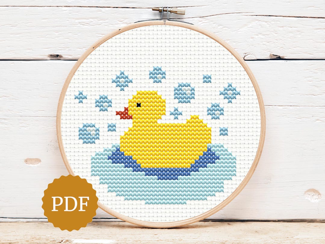 黄色いゴム製のアヒルのクロスステッチパターン、刺繍枠アート、PDFの