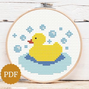 Yellow Rubber Duck Cross Stitch Pattern, Embroidery Hoop Art, Instant Download PDF, Easy Xstitch Design, Nursery Wall Decor, Bath Time Fun