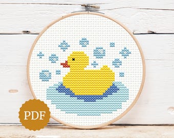 黄色いゴム製のアヒルのクロスステッチパターン、刺繍枠アート、PDFの