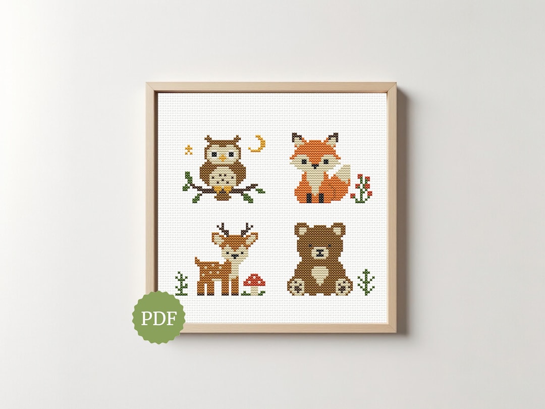Woodland Animals Cross Stitch Pattern Set – Fox Owl Deer Bear – Forest ...