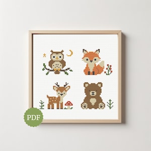 Set di schemi per punto croce con animali del bosco: volpe, gufo, cervo, orso - Ricamo forestale