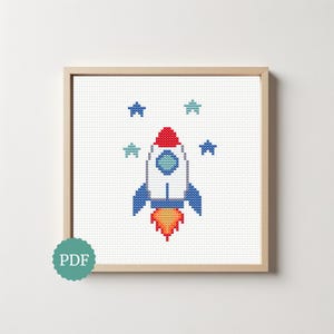 Rocket Cross Stitch Pattern, Space Embroidery, Nursery Hoop Art Decor, Galaxy Gift