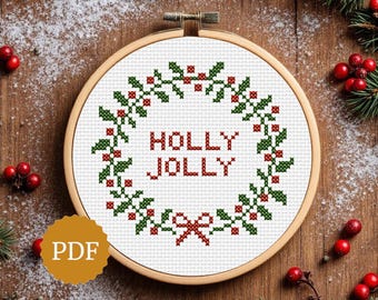 Holly Jolly Cross Stitch Wreath Pattern, Christmas Embroidery PDF, Easy Holiday Decor
