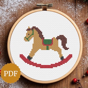 Vintage Rocking Horse Cross Stitch Pattern, Christmas Wooden Toy Nursery Decor, Retro Holiday Ornament PDF, Easy Embroidery for Beginners