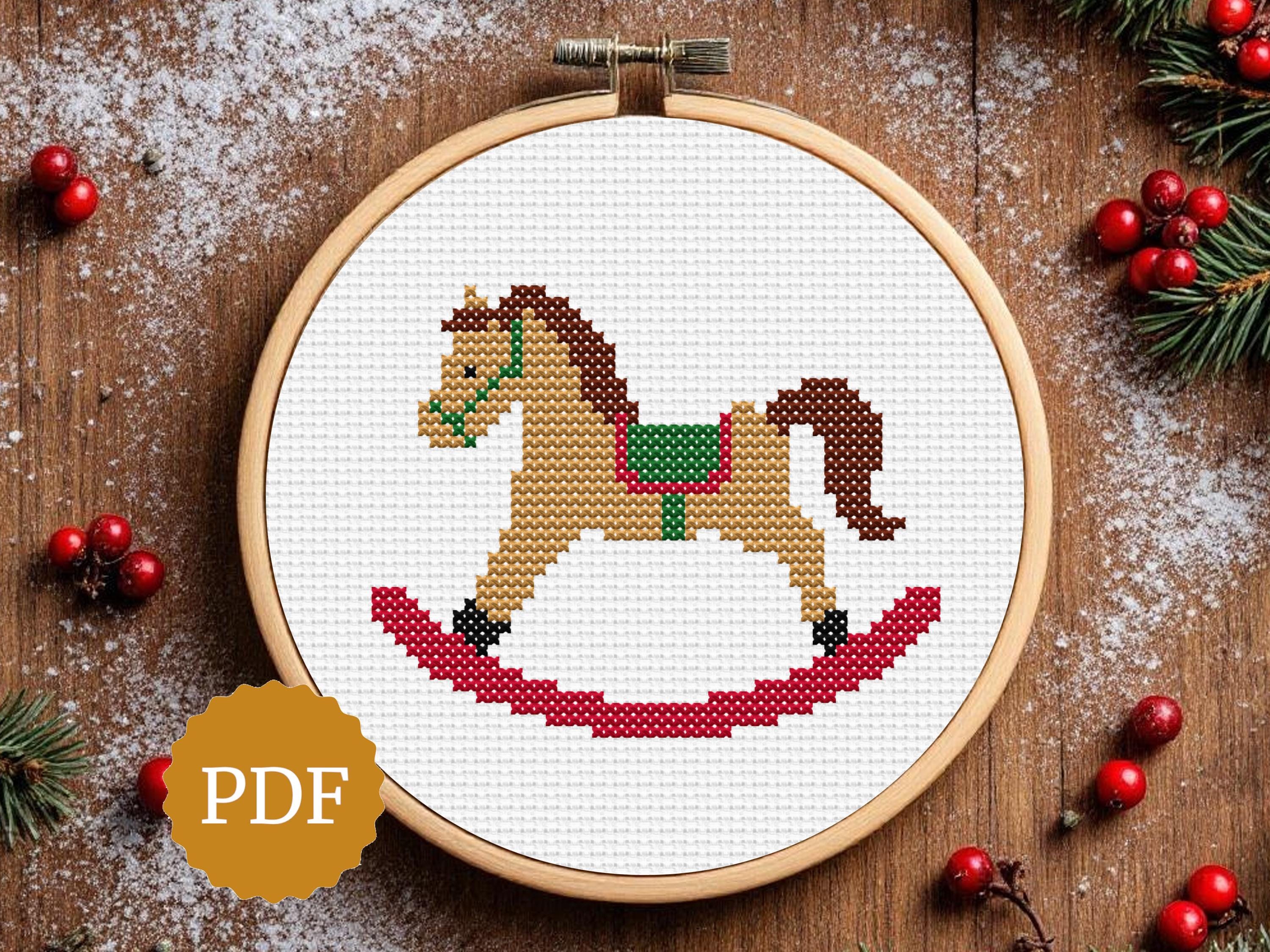 ヴィンテージロッキングホースのクロスステッチパターン、クリスマスの