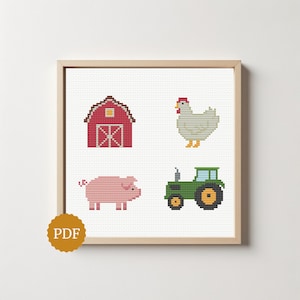 Op de afbeelding: Een ingelijst kruissteekpatroon met vier boerderij-iconen: een rode schuur, een witte kip, een roze varken en een groene tractor. Het ontwerp staat op een witte rasterachtergrond, met een gouden badge waarop de tekst PDF is weergegeven.