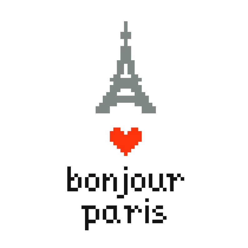 Może przedstawiać: Pikselowa grafika na białym tle przedstawia szarą Wieżę Eiffla, czerwone serce i czarne słowa "bonjour paris". Projekt jest prosty i przywołuje na myśl podr&oacute;że i romantyzm.