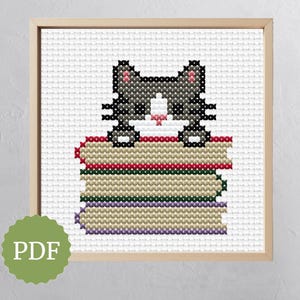 Library Cat with A Stack of Books, Modern Cross Stitch Pattern, Embroidery Kitten, Cat and Book Lover Gift, Bookworm Wall Decor, Shelf Decor