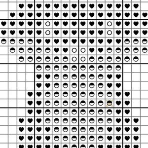 K&ouml;nnte beinhalten: Ein Kreuzstichmuster auf einem wei&szlig;en Rasterhintergrund mit einem sich wiederholenden Design aus schwarzen Herzsymbolen, offenen Kreisen und halb gef&uuml;llten Kreisen. Ein kleines, deutliches Symbol einer Person mit beigem Gesicht und schwarzem Haar ist zu sehen.