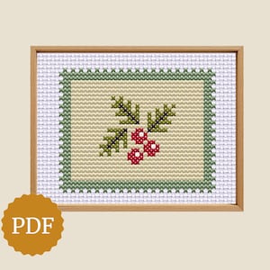 Holly Berry Cross Stitch Pattern, Tiny Christmas Stamp, Simple Stitching, Easy for Beginners, Minimal Xmas Gift, Rustic Kitchen Decor