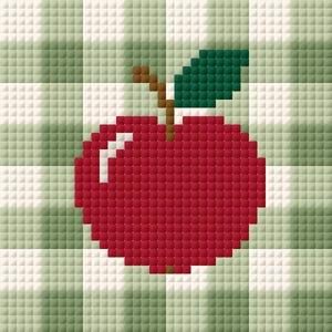May include: A pixel art style illustration of a red apple with a brown stem and a single dark green leaf. The apple features a small white highlight on its left side. The background consists of a light green and white checkered grid pattern.
