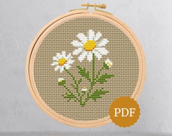 Patrón de punto de cruz de margaritas silvestres, gráfico de bordado floral cottagecore, bordado de flores silvestres, arte de aro Grannycore para principiantes, regalo para la abuela