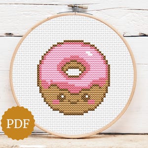 Kawaii Donut Cross Stitch Pattern, Pink Doughnut PDF, Mini Hoop Decor, Dessert Embroidery Chart, Cute Kitchen Decor, Easy for Beginners