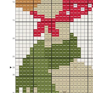 May include: A close-up of a cross-stitch pattern in progress. The design features a grid of colored squares, with shades of red, green, and beige. Numbers are visible in the squares, indicating the color codes for the thread.