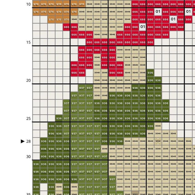 May include: A close-up of a cross-stitch pattern in progress. The design features a grid of colored squares, with shades of red, green, and beige. Numbers are visible in the squares, indicating the color codes for the thread.