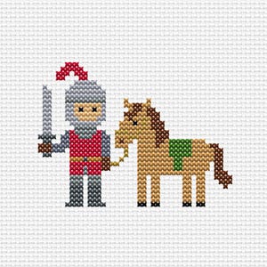 May include: Cross-stitch design of a knight in silver armor and a red tunic, holding a sword. A brown horse with a green saddle stands beside the knight. The design is on a white background.