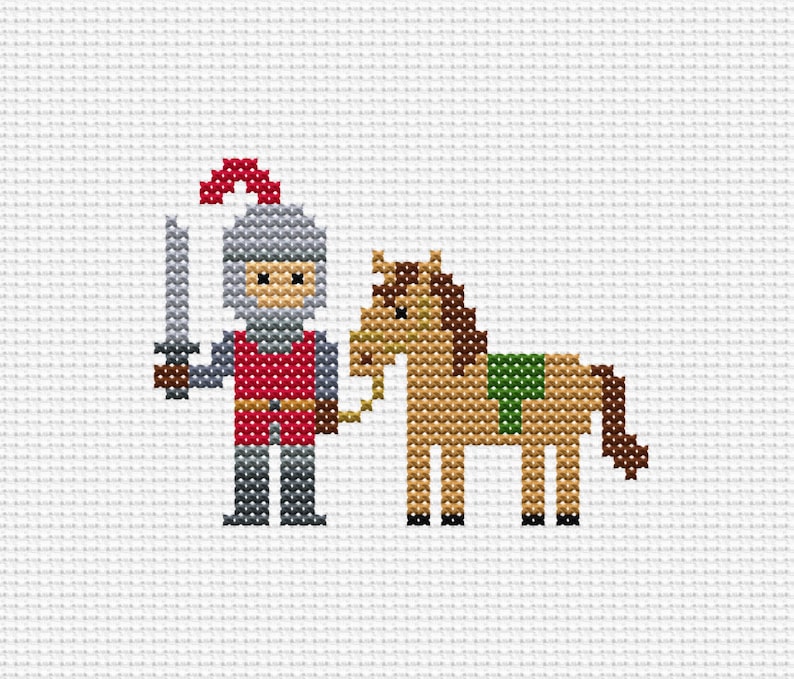 May include: Cross-stitch design of a knight in silver armor and a red tunic, holding a sword. A brown horse with a green saddle stands beside the knight. The design is on a white background.