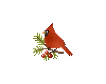 カーディナルのクロスステッチ図案、冬の鳥の刺繍（PDF）、森の