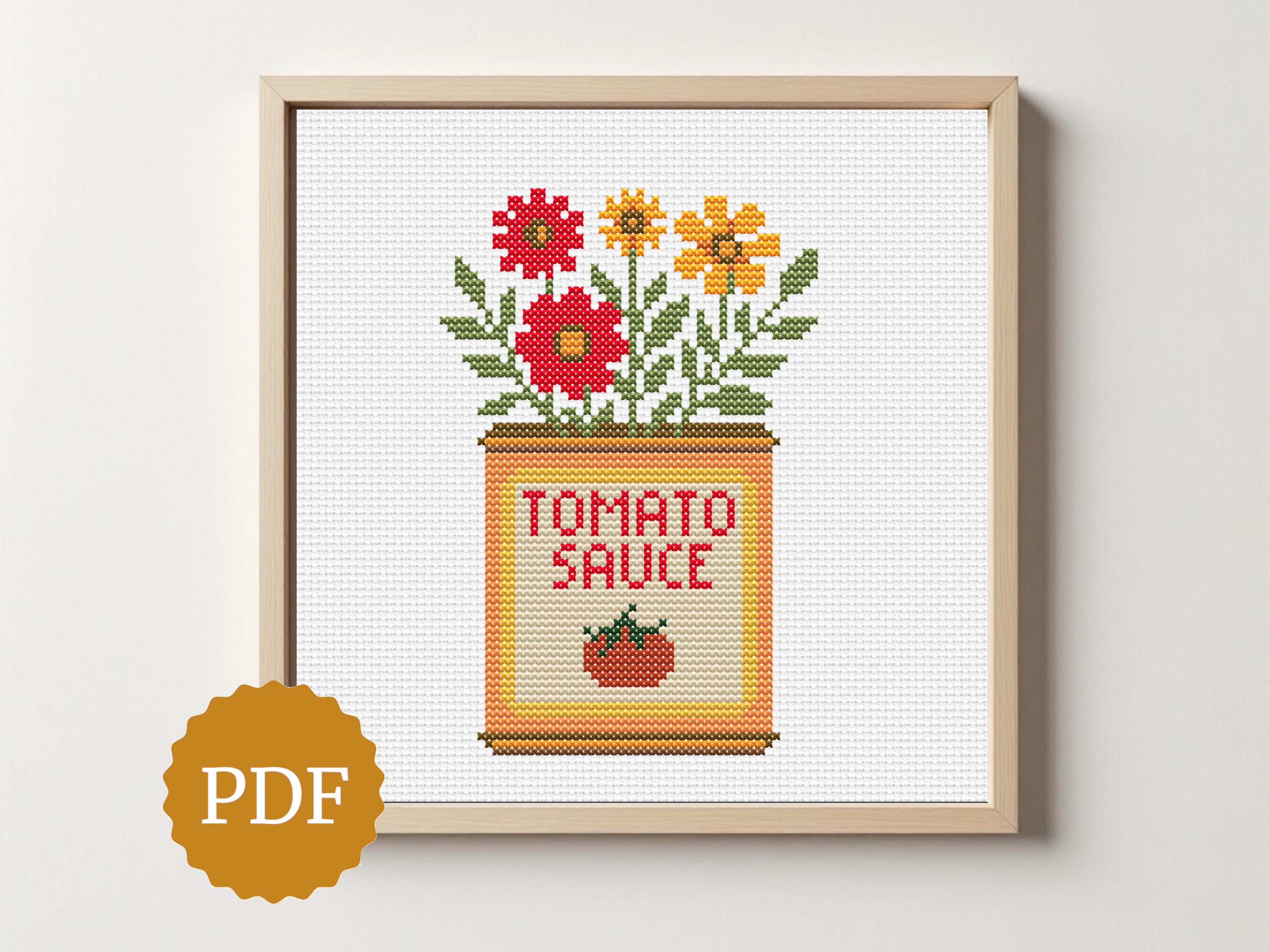 Vintage Cross Stitch Pattern, Tomato Sauce Can PDF, Retro Flower Tin for Rustic Kitchen Wall Art, Floral Embroidery, Nostalgic Panty Decor