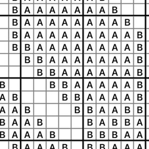 Op de afbeelding: Een zwart-wit rasterpatroon voor kruissteek- of borduurontwerpen. Het raster bevat individuele vierkanten gevuld met de letters A en B, gerangschikt in een specifieke volgorde om een patroon te vormen voor borduur- of handwerkprojecten.