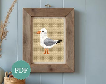 Patrón de punto de cruz de gaviota en miniatura, bordado pequeño para decoración marina, regalo para el hogar de estilo costero, fácil para principiantes, lindo motivo de ave marina.