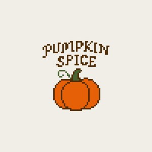 May include: Pixelated orange pumpkin with green stem and the words "PUMPKIN SPICE" in brown text on a cream background. The design is reminiscent of retro video game graphics, perfect for fall-themed products.