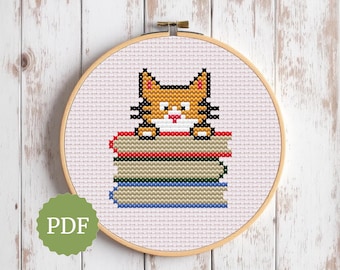 Tabby Cat Easy Pattern, Modern Cross Stitch, Bibliophile Orange Cat, Counted X Stitch, Cute Wall Decor, Gift for Cat and Book Lover Friend