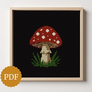 May include: Cross-stitch art of a red mushroom with white spots, set against a black background. The mushroom is surrounded by green grass, and the artwork is framed in a light wood frame. A PDF logo is in the bottom left corner.