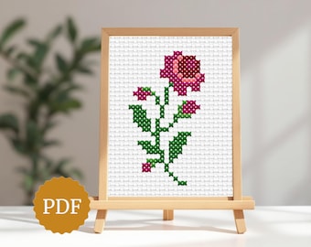 レトロ 刺繍 絵 クロスステッチ 薔薇 ビンテージ 古道具 蚤の市 骨董市 ヴィンテージローズクロスステッチパターン、モダンなカウントX