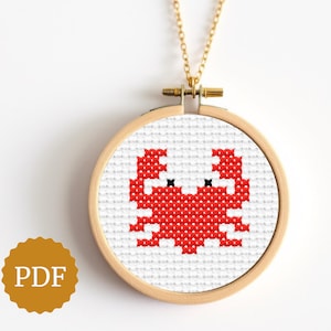 Cangrejito dulce, patrón de punto de cruz fácil, bordado divertido, regalo de San Valentín, punto de cruz para principiantes, linda criatura marina, cangrejo en forma de corazón
