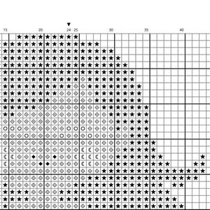 Puede incluir: Un gr&aacute;fico de patr&oacute;n de punto de cruz con una cuadr&iacute;cula de cuadrados. El gr&aacute;fico utiliza s&iacute;mbolos como estrellas, c&iacute;rculos, diamantes y medias lunas para representar diferentes colores o puntadas. El patr&oacute;n es en blanco y negro.
