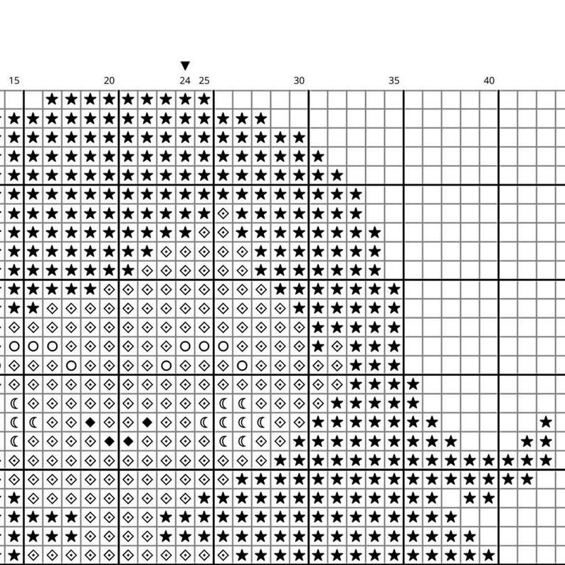 Puede incluir: Un gr&aacute;fico de patr&oacute;n de punto de cruz con una cuadr&iacute;cula de cuadrados. El gr&aacute;fico utiliza s&iacute;mbolos como estrellas, c&iacute;rculos, diamantes y medias lunas para representar diferentes colores o puntadas. El patr&oacute;n es en blanco y negro.