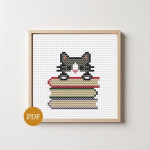 Library Cat with A Stack of Books, Modern Cross Stitch Pattern, Embroidery Kitten, Cat and Book Lover Gift, Bookworm Wall Decor, Shelf Decor