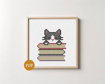 Library Cat with A Stack of Books, Modern Cross Stitch Pattern, Embroidery Kitten, Cat and Book Lover Gift, Bookworm Wall Decor, Shelf Decor