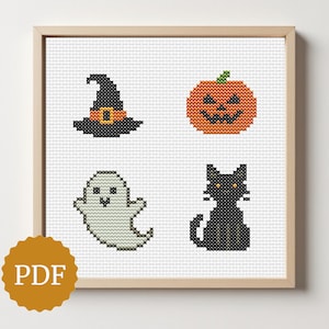 May include: Cross-stitch pattern featuring Halloween-themed designs: a witch's hat, jack-o'-lantern, ghost, and black cat. The designs are framed in a wooden frame. The PDF logo is in the bottom left corner.