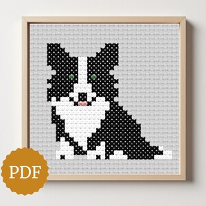 May include: Cross-stitch pattern of a Border Collie dog in black and white, framed in a light wood frame. The dog is sitting, with green eyes and a pink tongue. The background is a light gray fabric. A PDF icon is in the lower left corner.