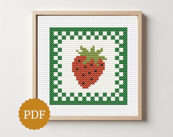 Retro Strawberry Cross Stitch Pattern, Vintage Gingham Frame Embroidery, Cottagecore PDF Chart, Easy Rustic Fruit Stitch, Instant Download