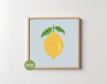 Lemon Cross Stitch Pattern, Easy for Beginners, Citrus Fruit Embroidery Chart, Small Summer Hoop Art, Retro Kitchen Decor