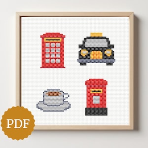 May include: A framed cross-stitch pattern featuring iconic British symbols. The design includes a red telephone box, a black taxi, a cup of coffee, and a red postbox. The PDF logo is visible in the bottom left corner.